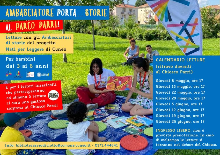 Ambasciatore porta… storie! Al Parco Parri - Parco Parri, Cuneo (CN) - Letture ad alta voce con gli Ambasciatori del Progetto Nati per Leggere di Cuneo per bambini dai 3 anni in su Parco Parri (ritrovo davanti al Chiosco...